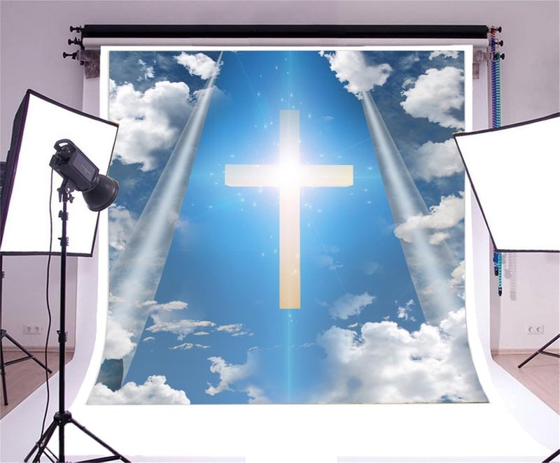 AOFOTO 5x5ft Christian Cross in Blue Sky Backdrop Divine Light Jesus Christ Easter Crucifix Photography Background Our Lord Resurrection Religious Lent Holy Week Passion Photo Studio Props Vinyl - Image 5